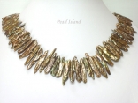 Dragon Tooth Greenish Brown Biwa Pearl Necklace 17-32mm with T Bar clasp