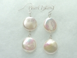 Art Deco White Coin Pearl Earrings with 2 pearls 13-14mm