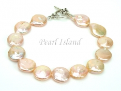 Art Deco Peach Pink Coin Pearl Bracelet with T-bar Clasp