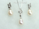 White Drop Pearl Elegant Pendant and Earring Set 8X11mm