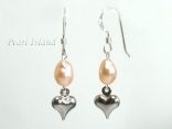 Peach Oval Pearl with Silver Heart Earrings 5x7mm