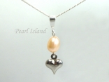 Small Peach Oval Pearl with Tiny Silver Heart Pendant Necklace