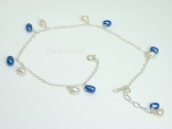 Pearl Ankle Bracelets - Sterling Silver Ankle Bracelet with White & Blue Pearls 